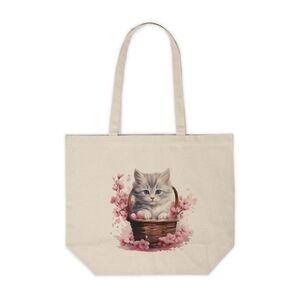 Floral Cat in a Basket Custom Canvas Tote Bag